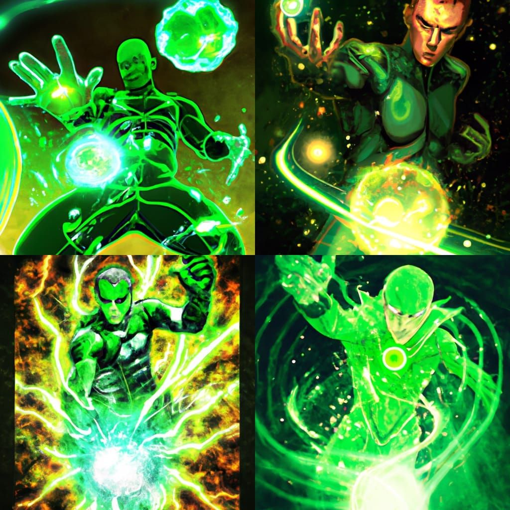 Emerald Green Superhero Throws Fireballs in Digital Illustra...