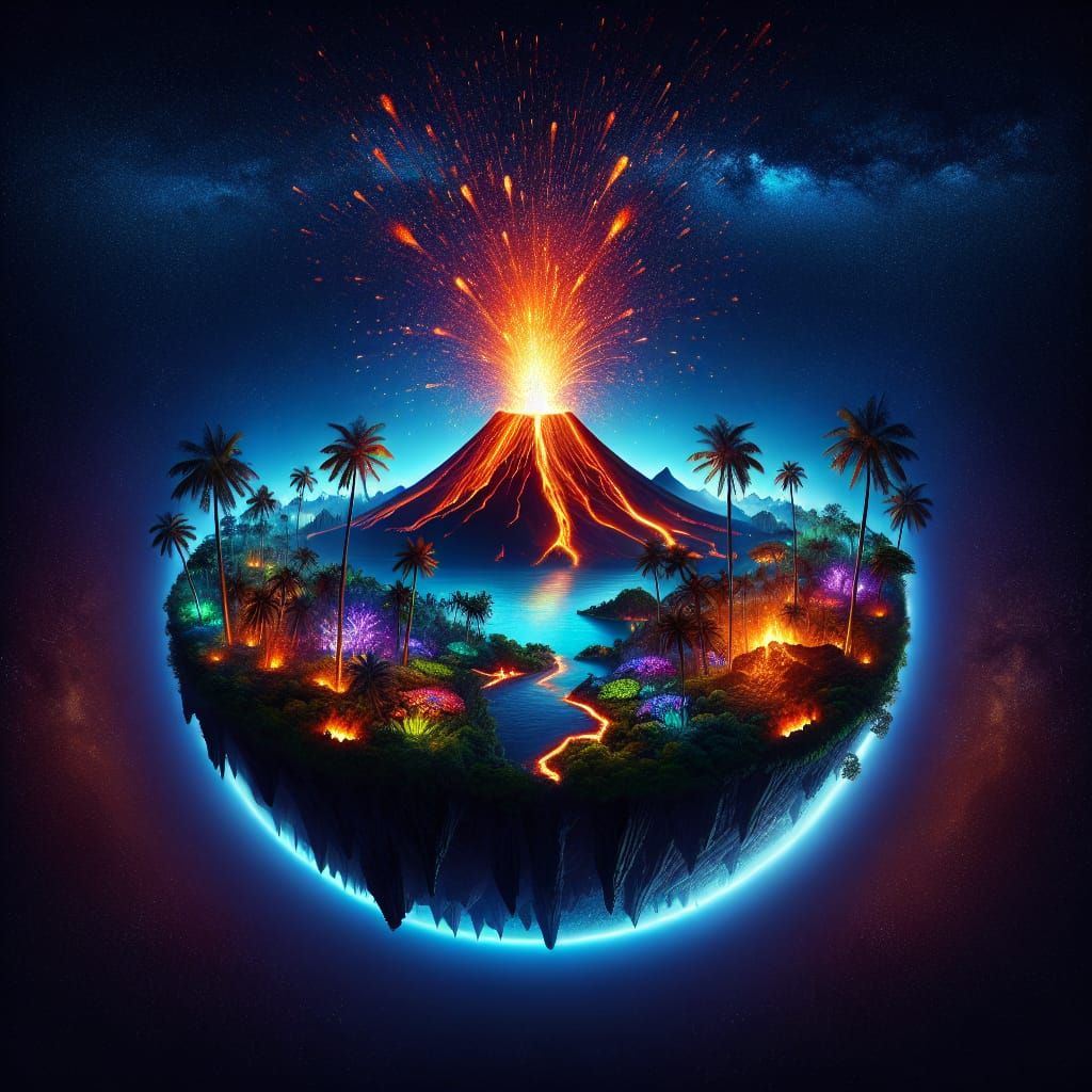 Volcano Erupting on Tropical Island at Night