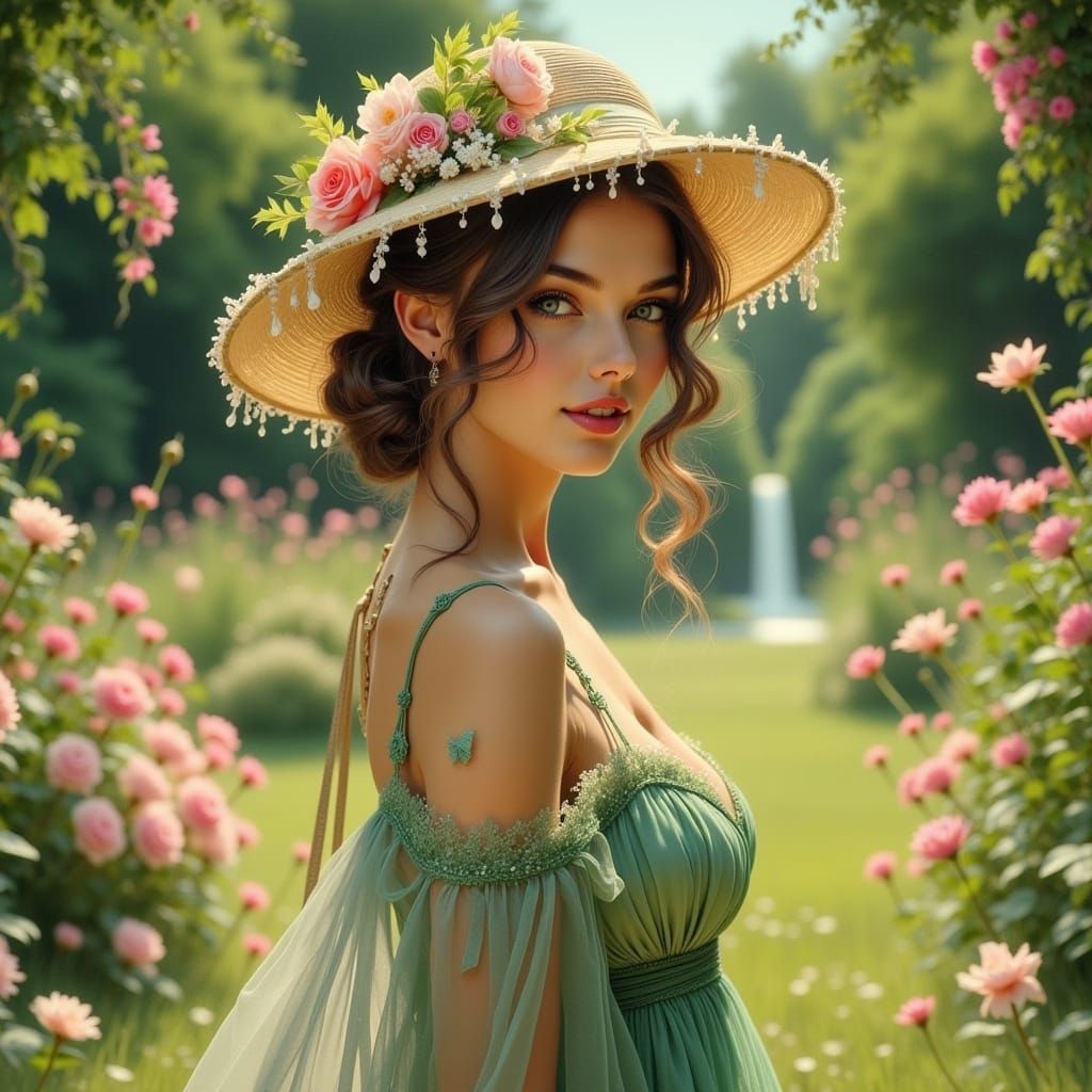 Elegant Woman in English Garden, Art Nouveau Style