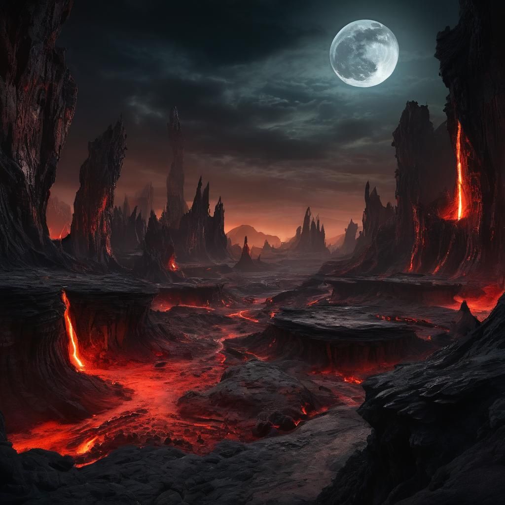 Ominous Black Moon Over Twisted Landscape