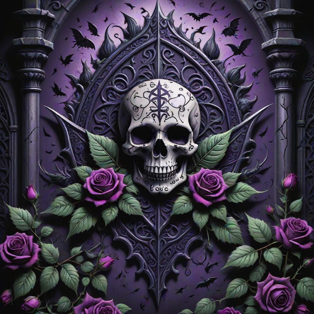 Gothic Tattoo Art: Leaf with Roses and Skulls