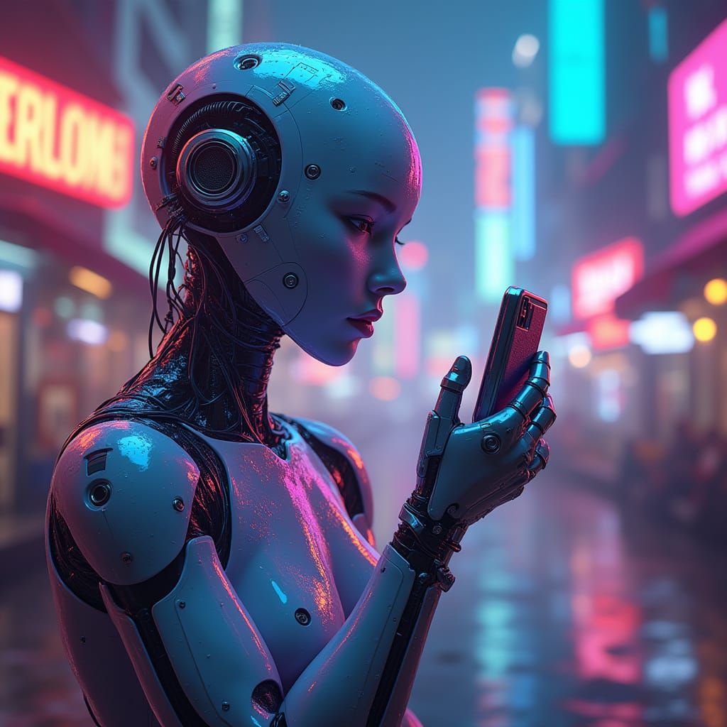 Futuristic AI Selfie in Neon Cityscape