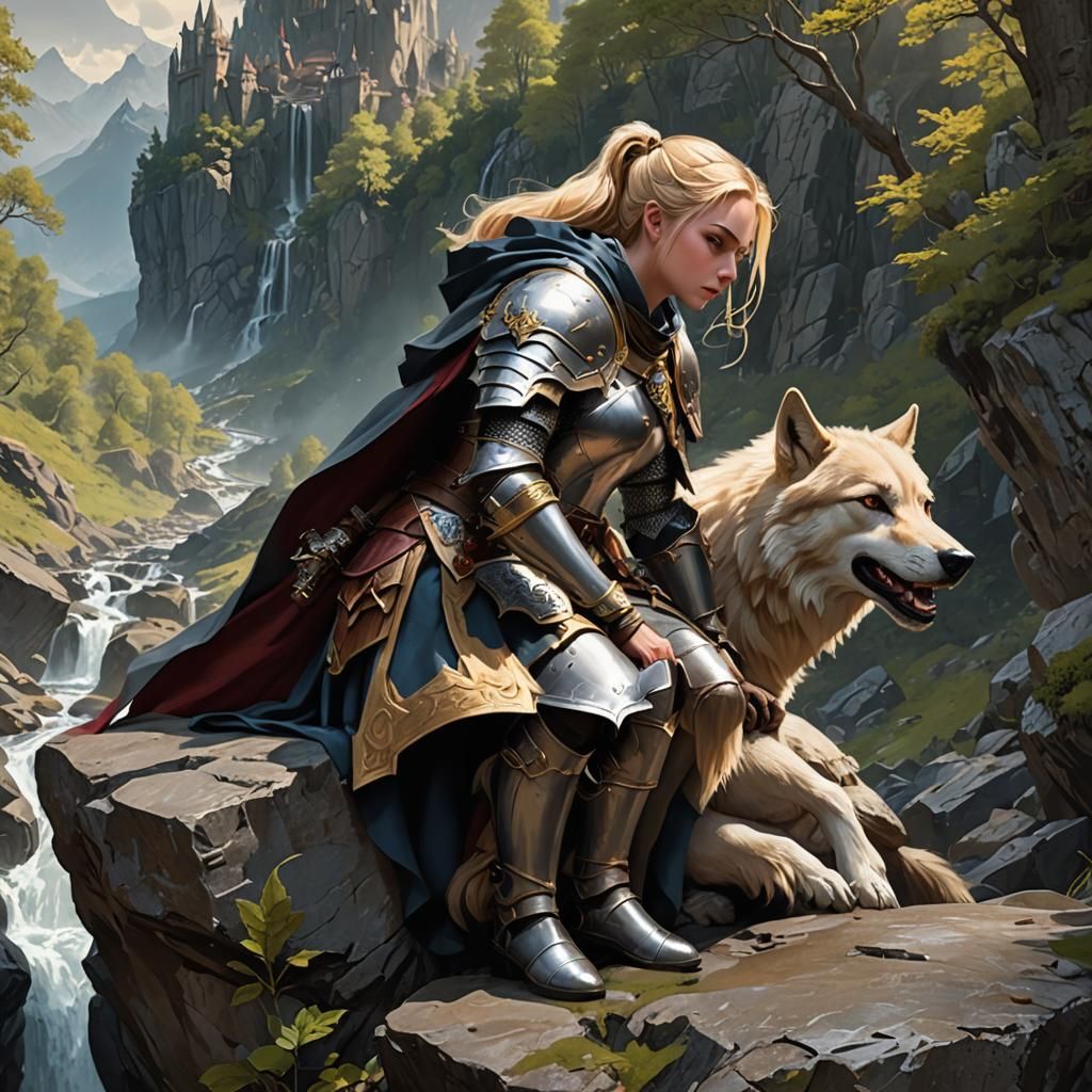 Female Knight and Wolf Overlook Forest Stream
