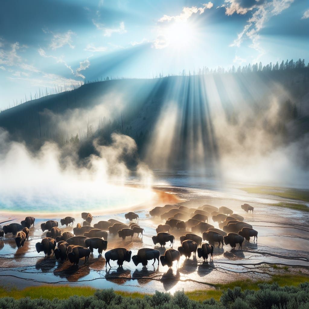 Majestic Bison Gather Around Grand Prismatic Spring in Yello...