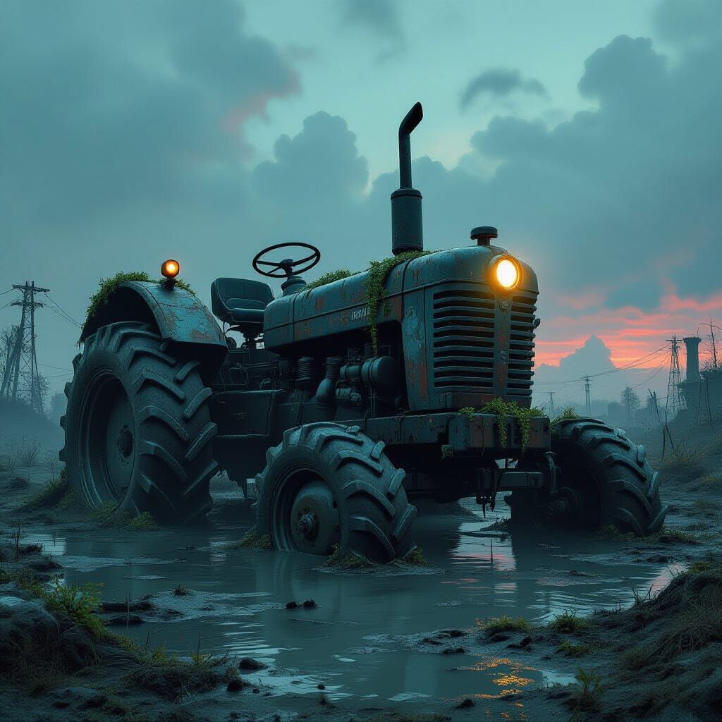 Post-Apocalyptic Tractor in Twilight Wasteland