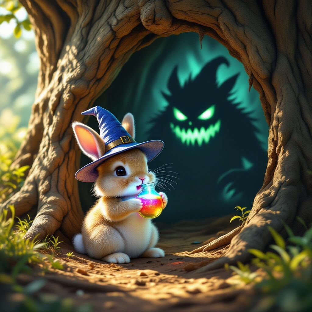 Bunny Drinks Rainbow Potion in Tree Hole with Monster Shadow