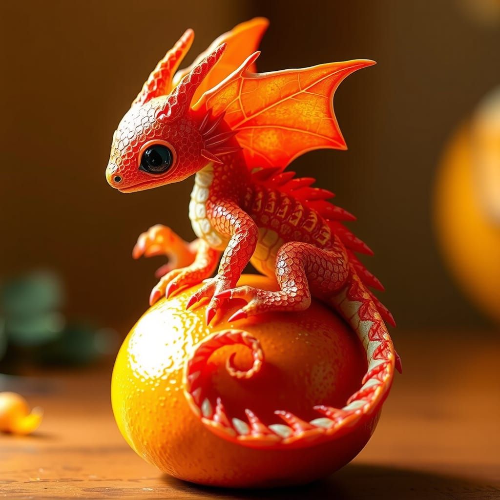 Whimsical Dragon Amidst Vibrant Orange Textures