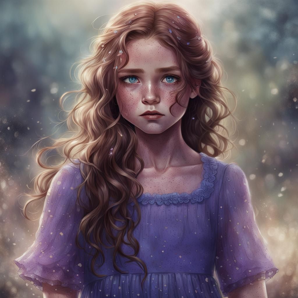 Girl with Brown Hair, Freckles, and Purple Dress