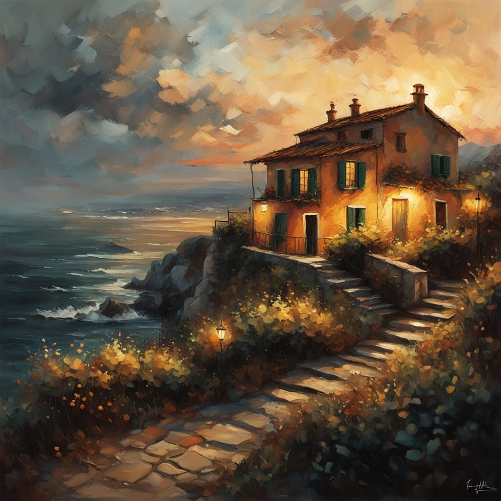 Coastal Italian Cottage in Grunge Art Style