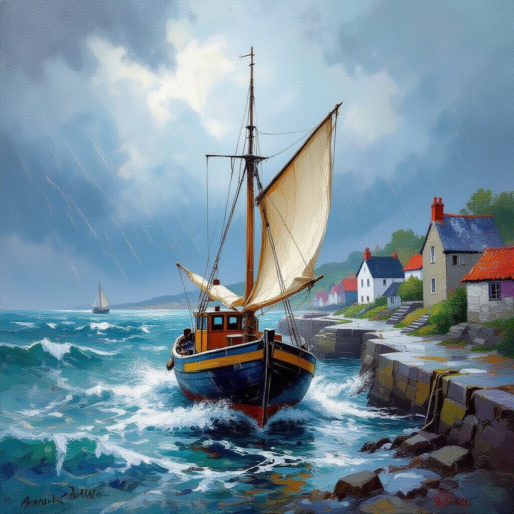 Impressionist Fishing Boat Sailing Through Stormy Seas