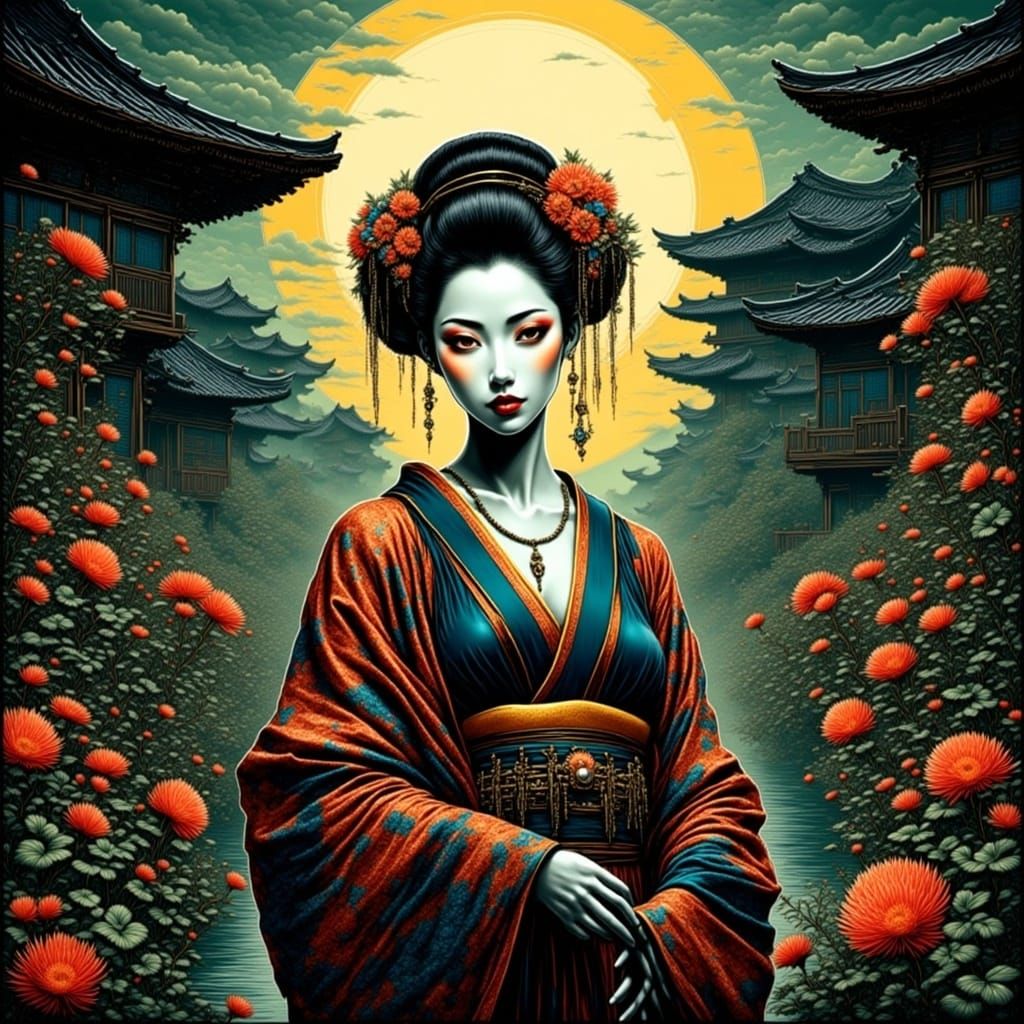 Elegant Geisha in Water Garden: A Masterpiece