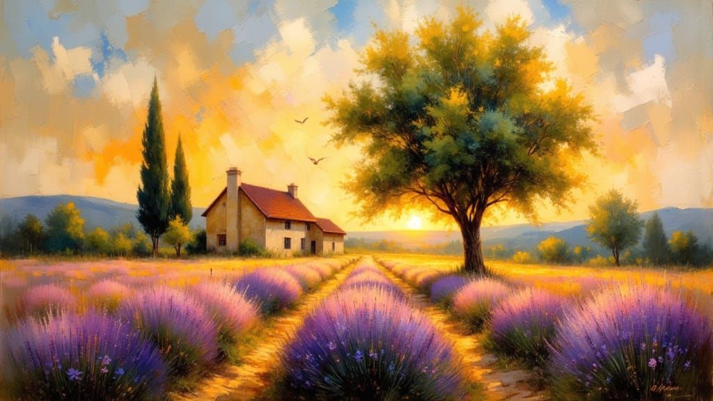 Golden Provence Landscape at Sunset as Impasto Oil Painting