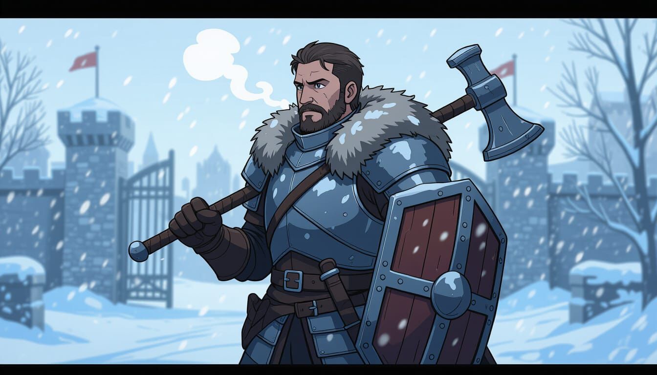 Anime Warrior at City Gate in Cel-Shaded Style