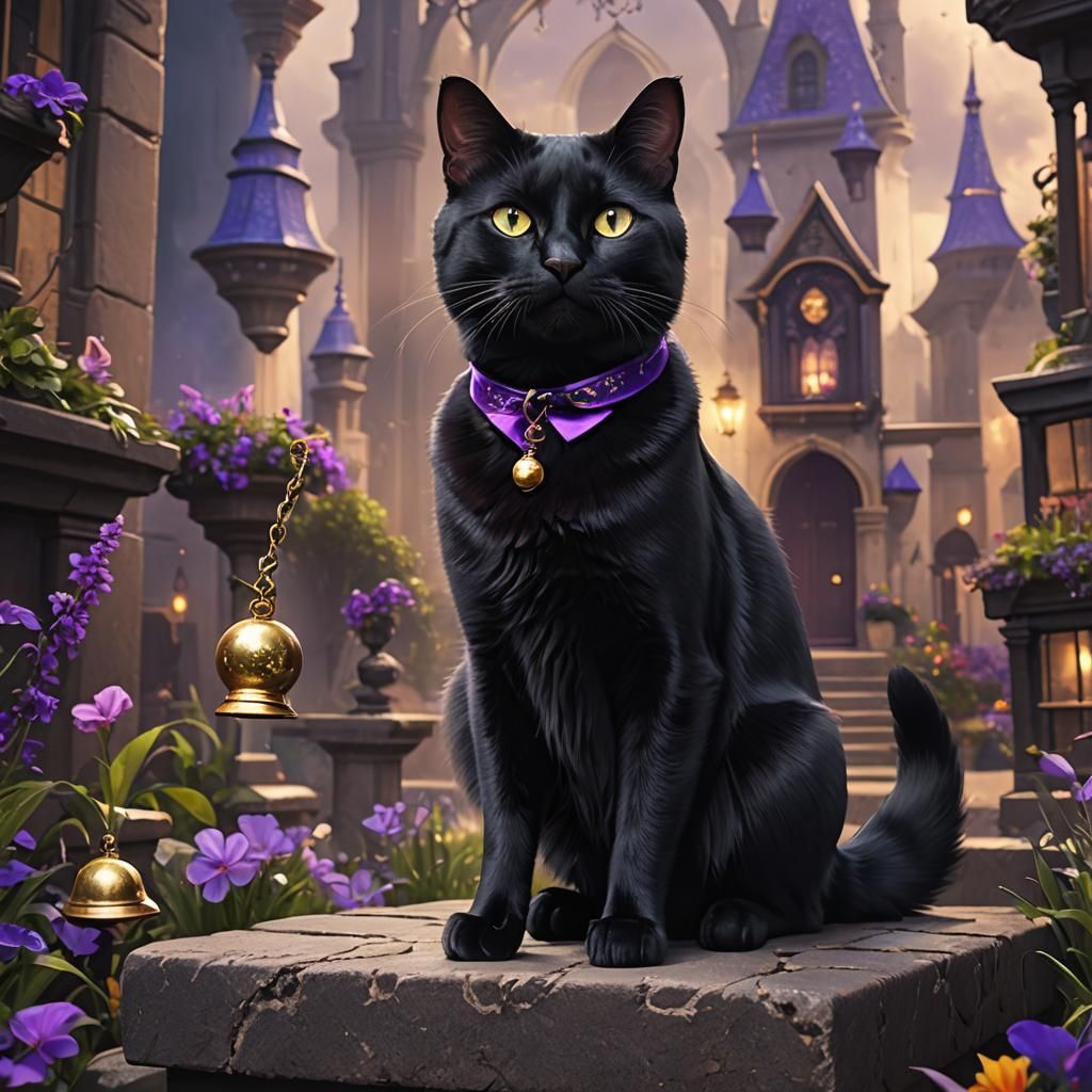 Cute Black Cat with Purple Collar, Digital Art