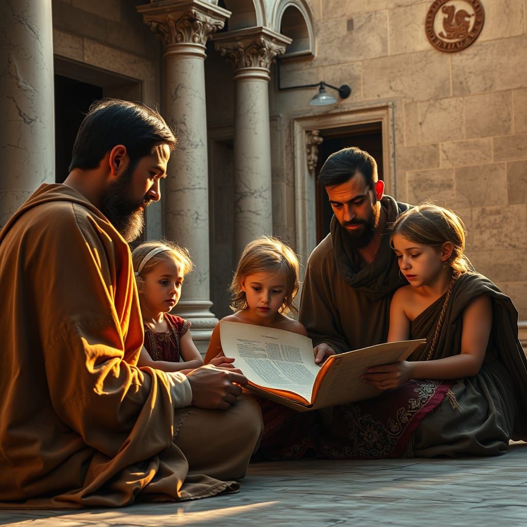 Ancient Greek Family Reading Scrolls in Sunlit Courtyard