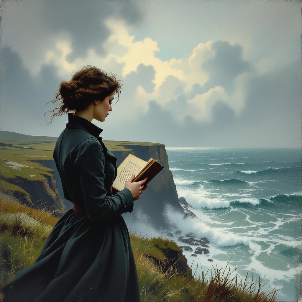 Woman on Cliff Overlooking Stormy Sea in Vintage Illustratio...