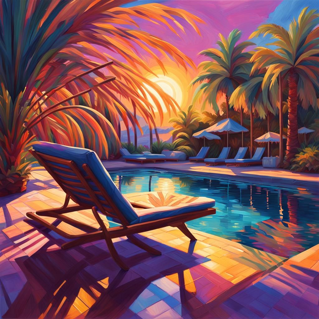 Luxury Poolside Lounge Chair in Vibrant Oil Painting