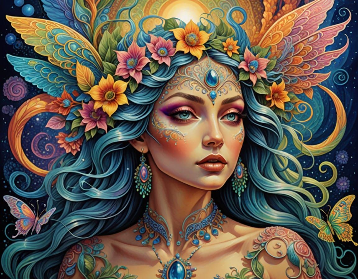 Psychedelic Garden of Goddesses in Vibrant Vector Style