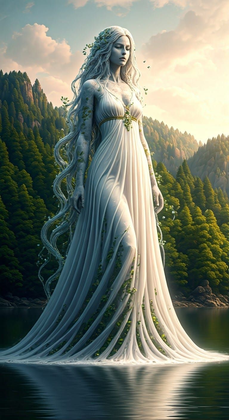 Stone Giantess with Waterfall Hair in Golden Light