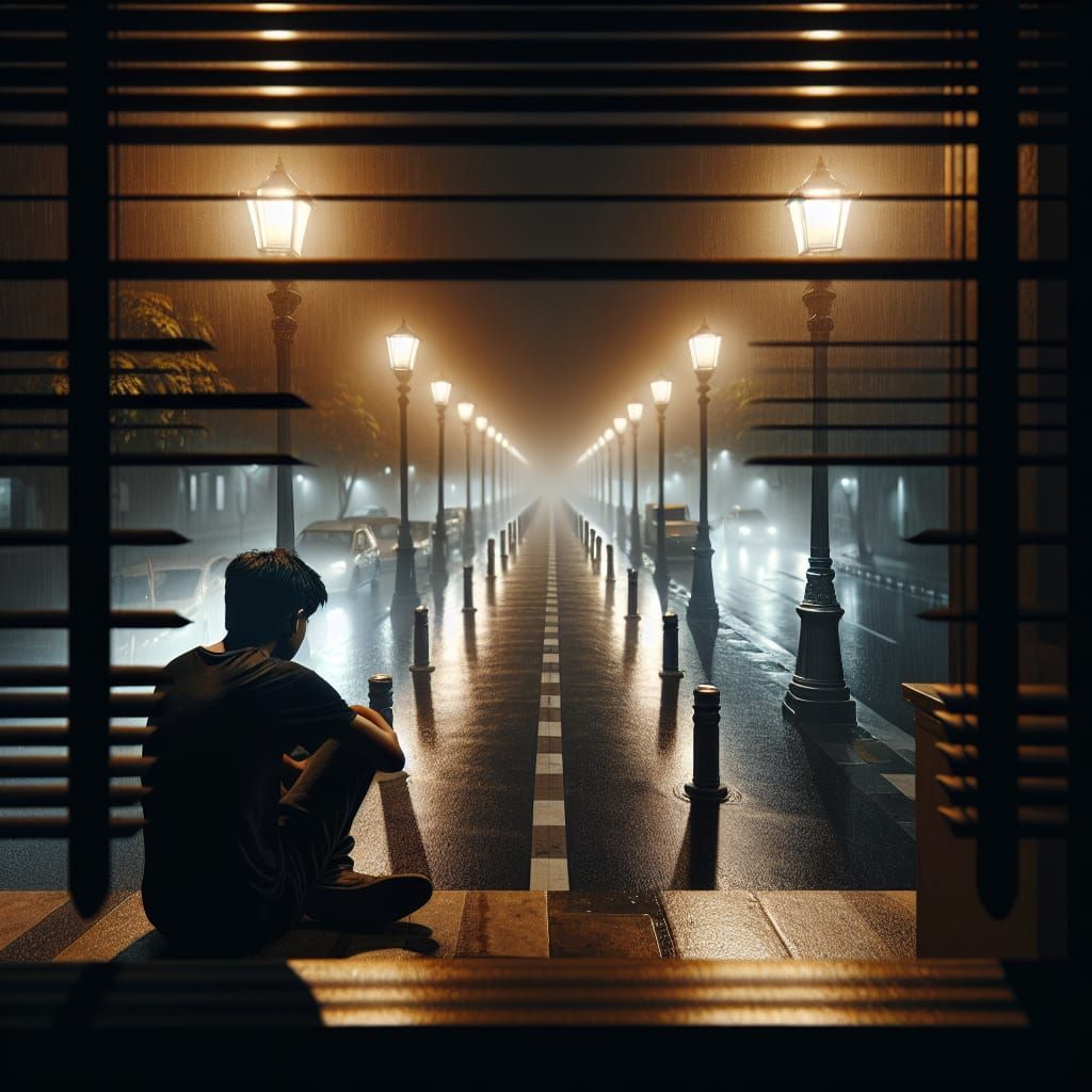Urban Night Scene: South Asian Man's Isolation