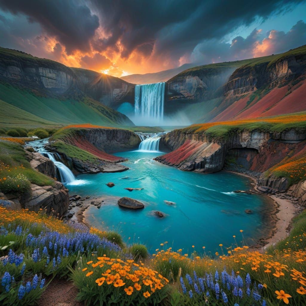 the scene reveals a dreamlike landscape where stormy skies b...