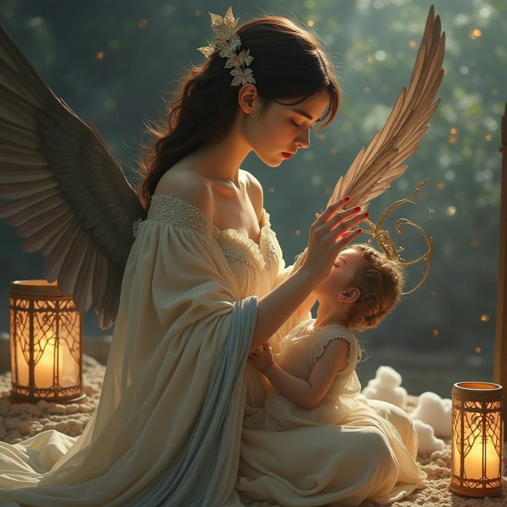 Serene Angelic Women in Sunset Sky with Ethereal Wings and H...