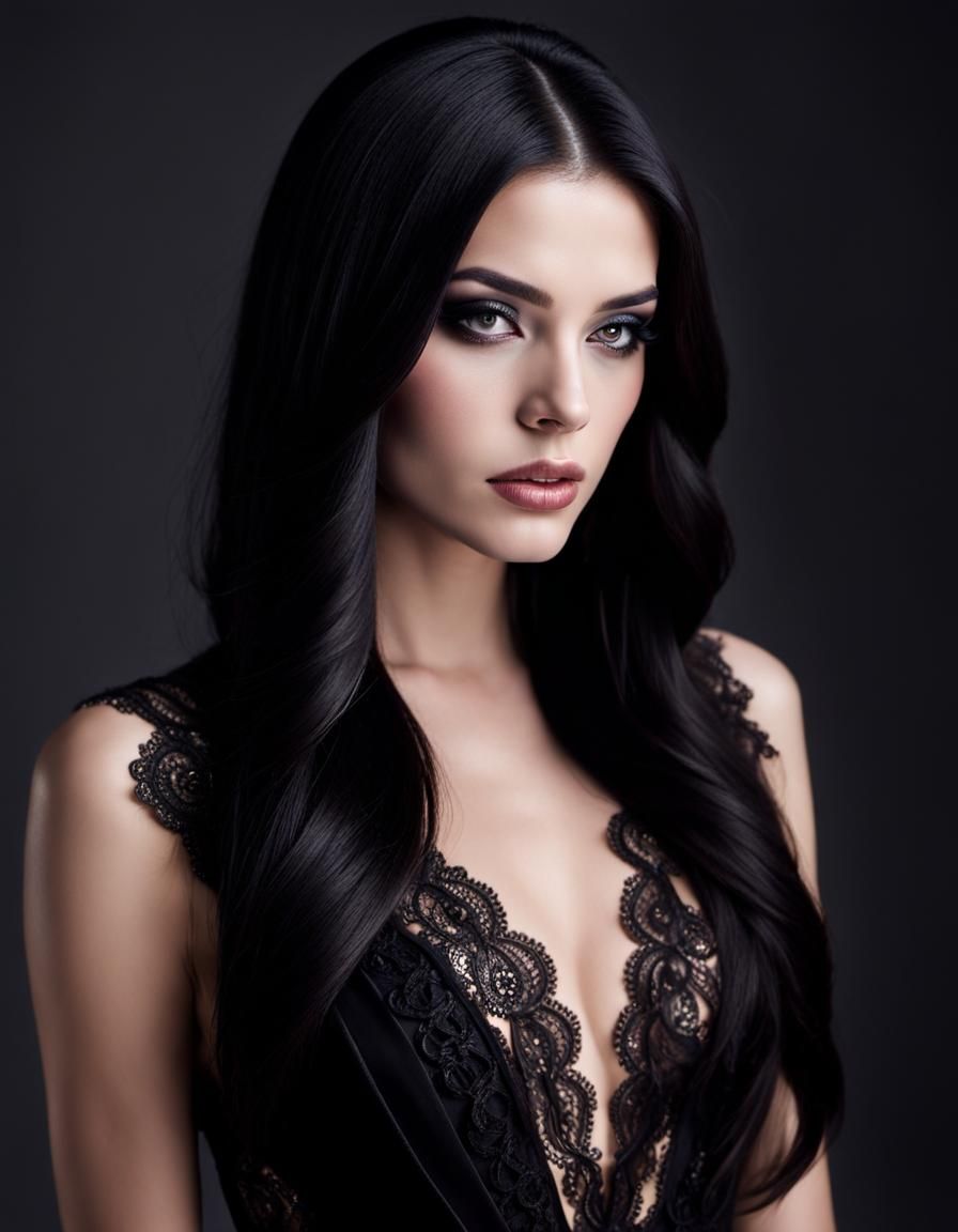 Striking Woman with Black Hair in Lace Gown