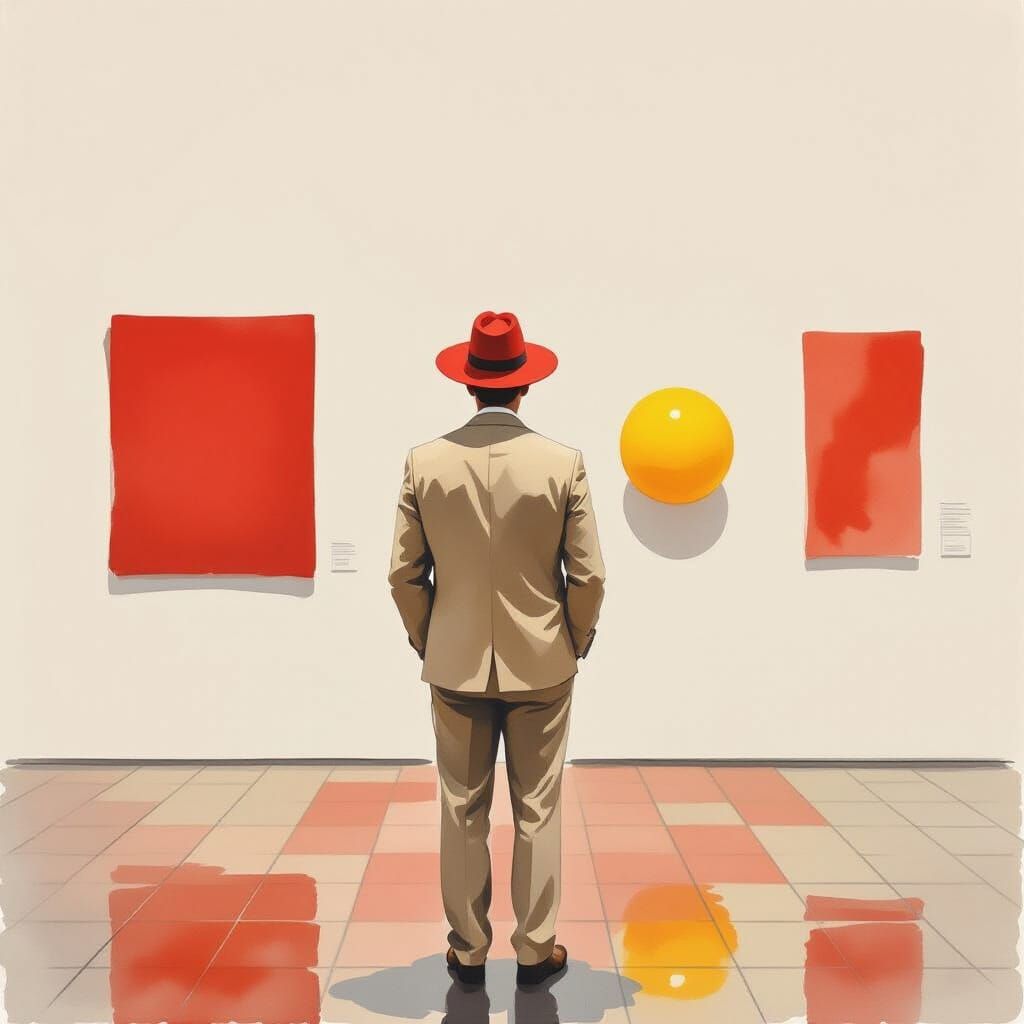 Man in Red Hat Contemplates Art in Minimalist Gallery