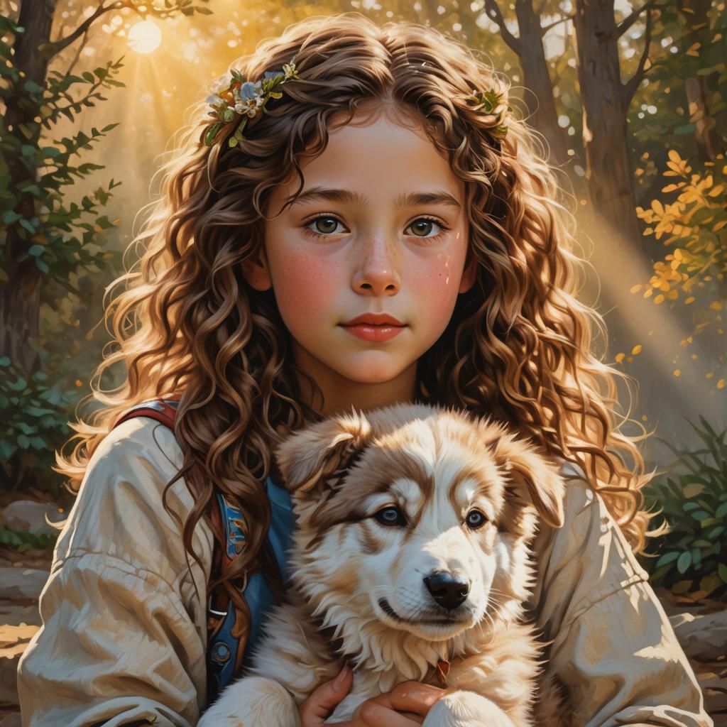 Girl and Husky Puppy in Golden Light: Art Nouveau Style