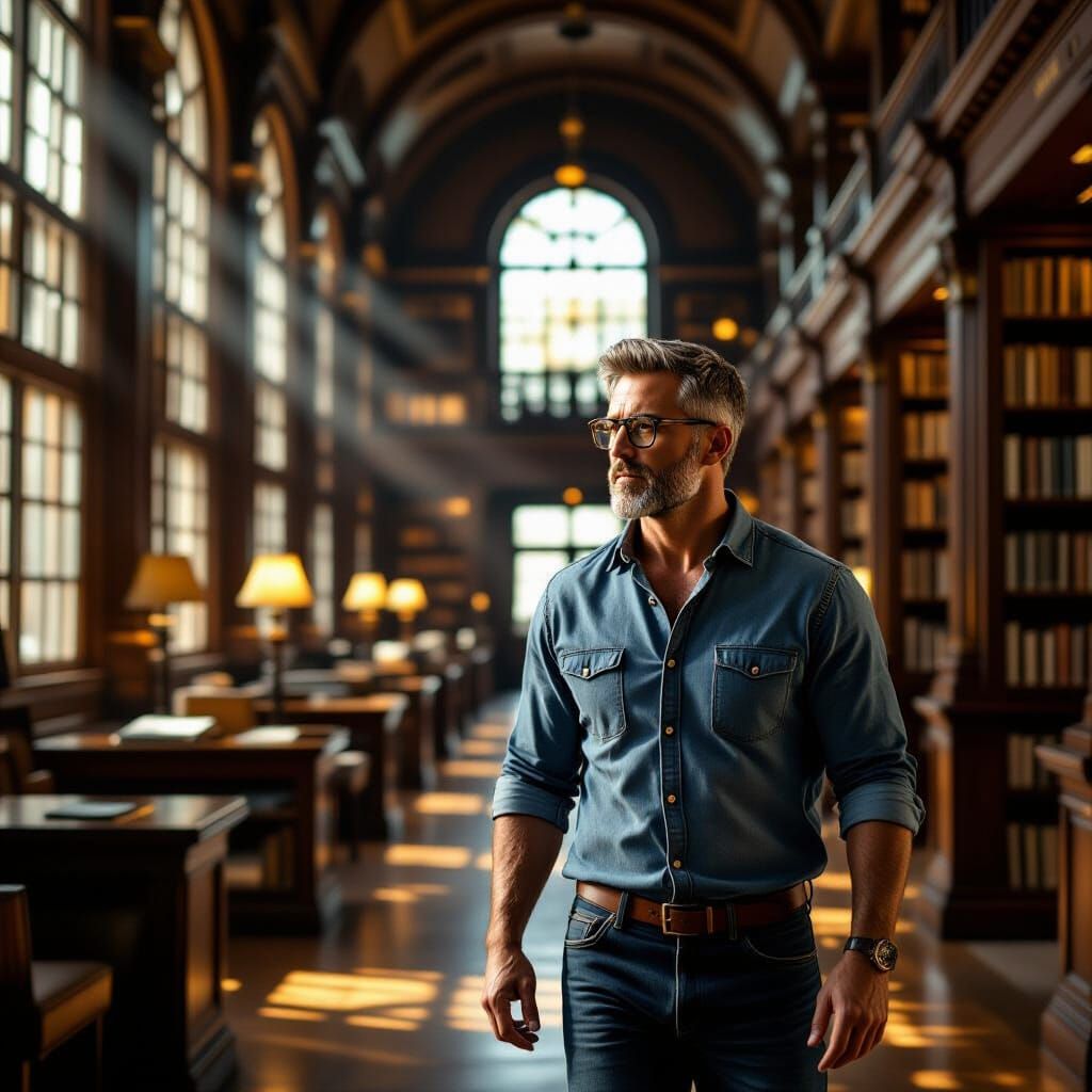 Muscular Man Explores Old Library in Cinematic Style