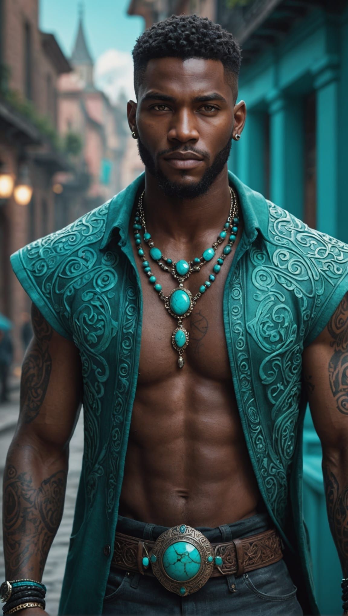 Handsome Man with Turquoise Eyes and Tattoos