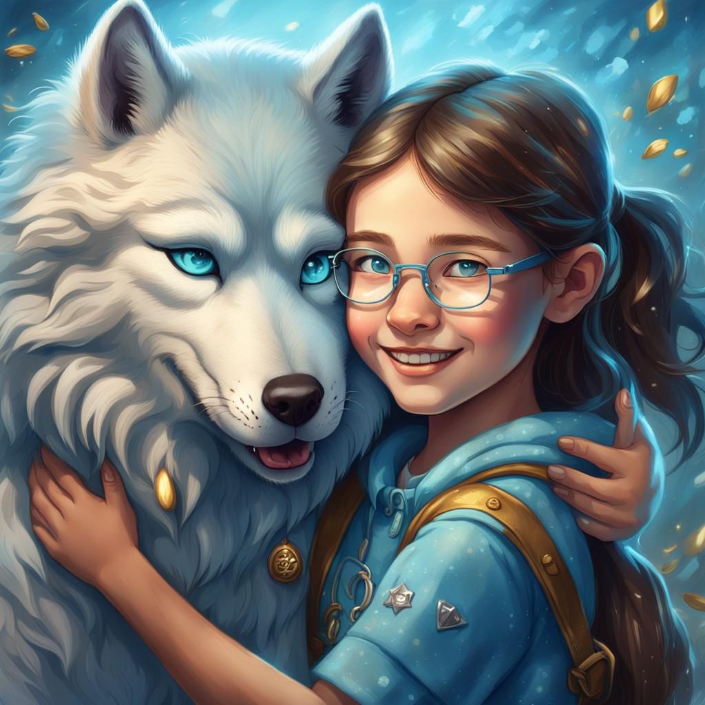 Girl Hugging Wolf: Hyperrealistic Splash Art