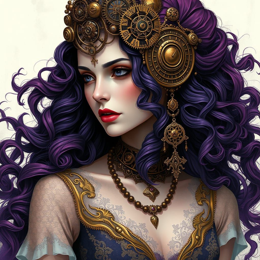 Enigmatic Steampunk Goddess in Deep Plum and Mulberry