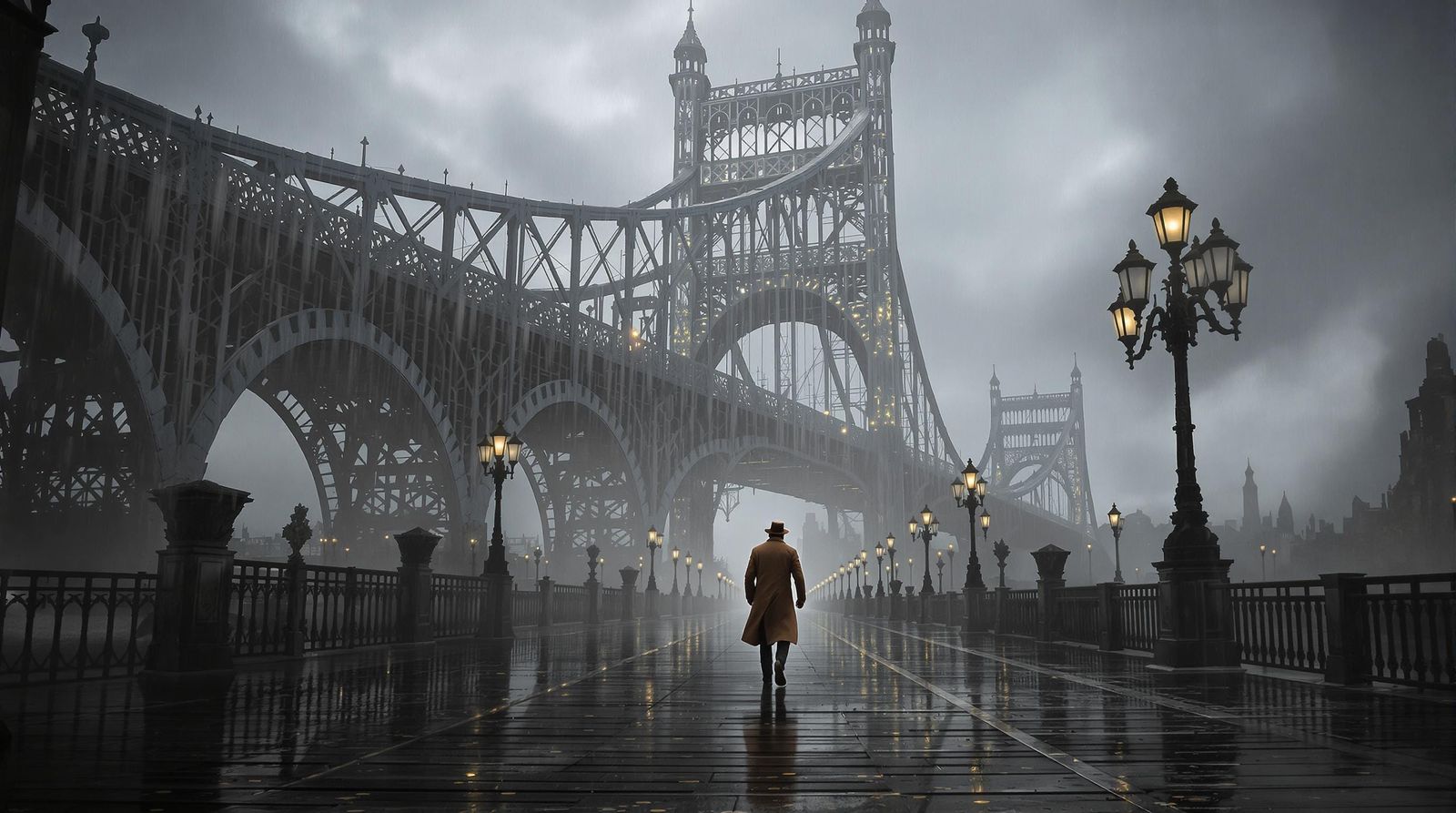 Man Walks Towards Gothic Bridge in Cyberpunk Style