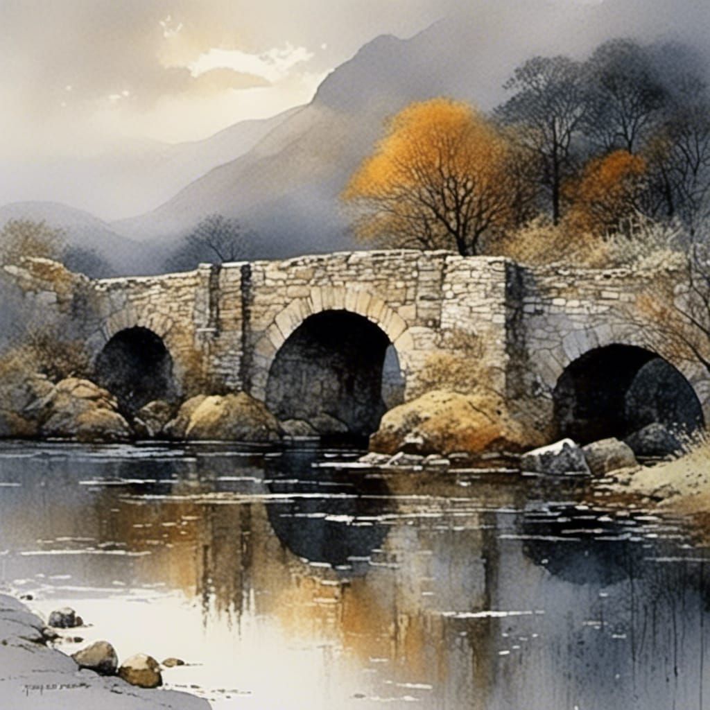Scottish Highlands Bridge, Detailed Intricate Landscape