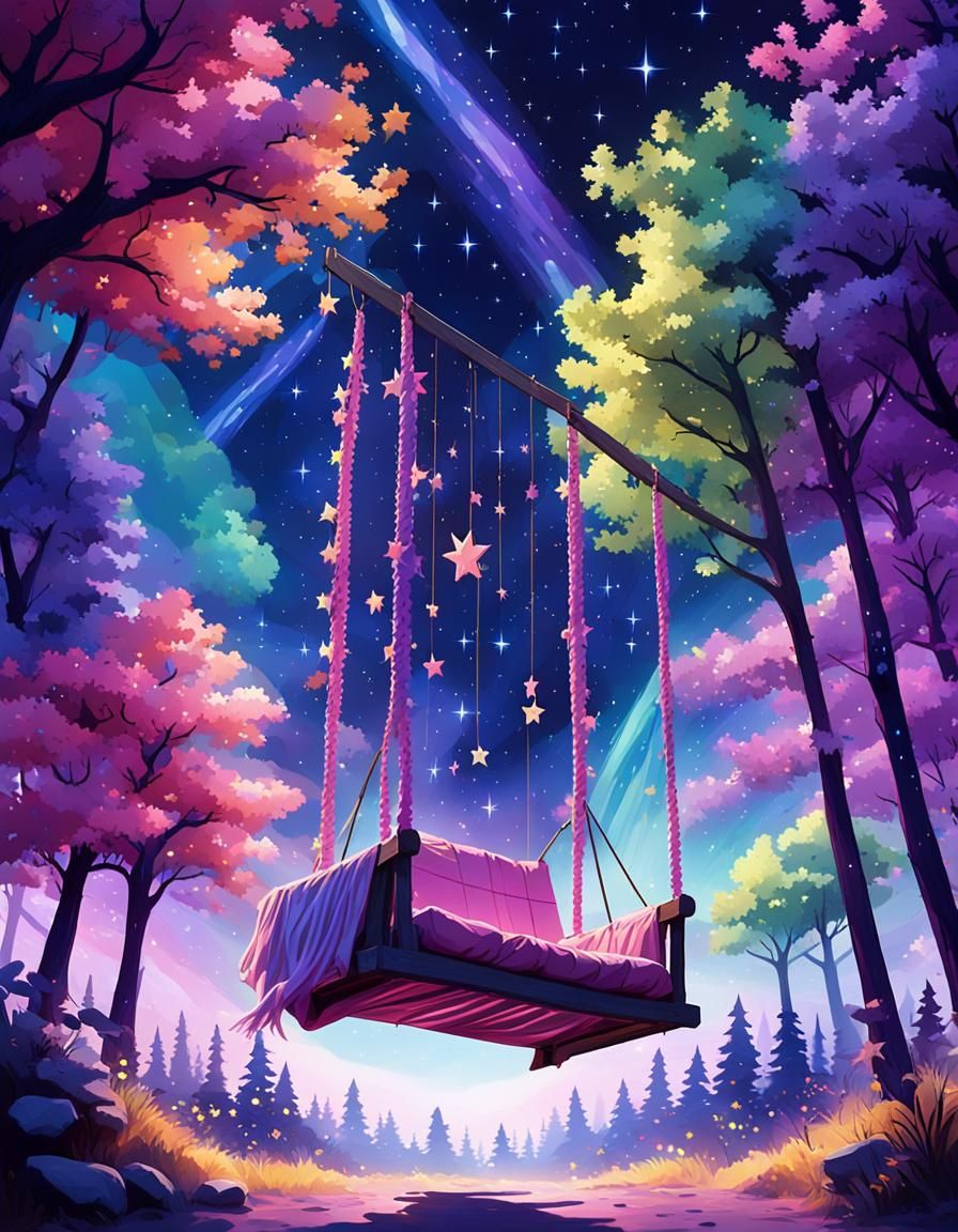 Nighttime Swing Under a Starry Sky: Cinematic Still