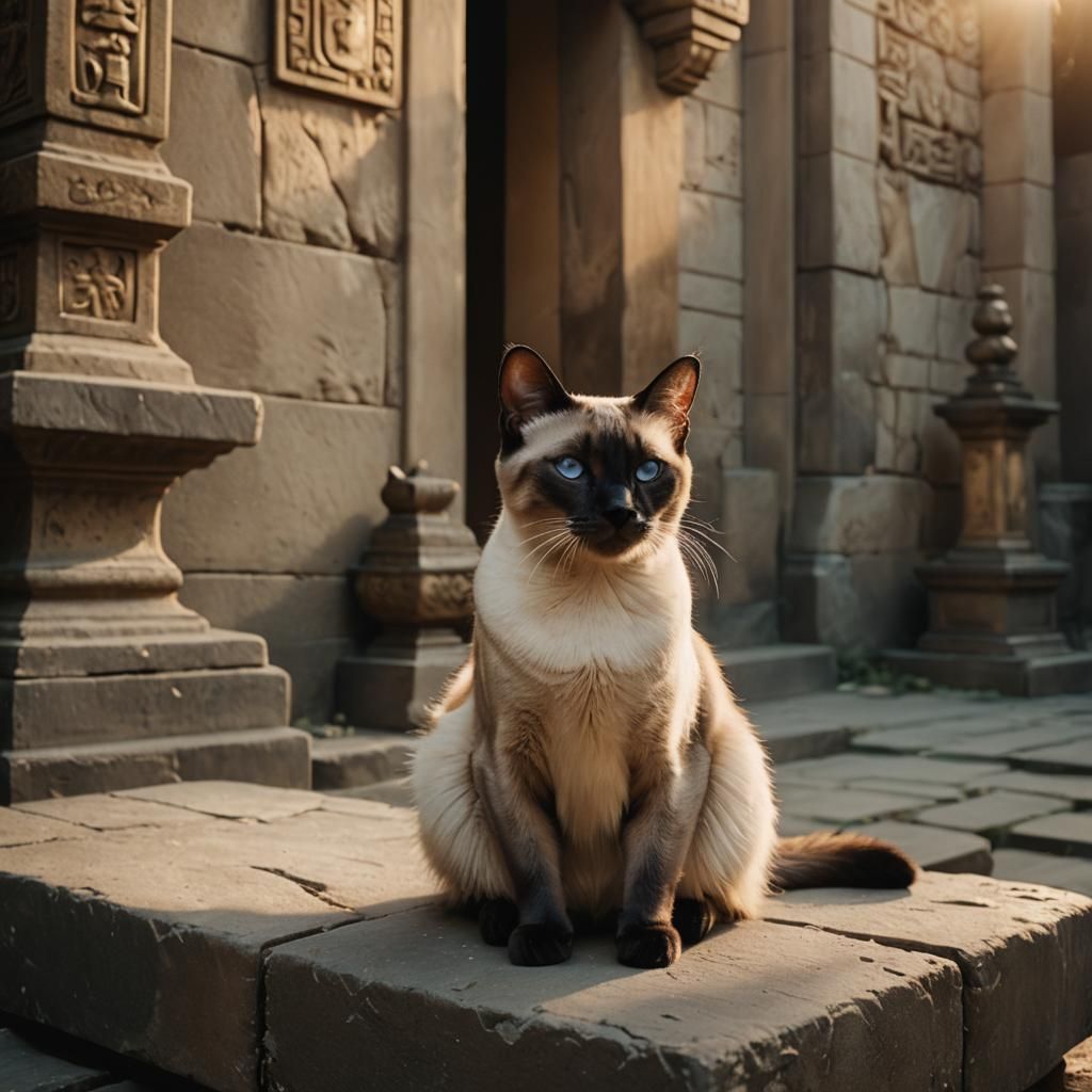 Siamese Cat in Temple: Cinematic Film Still