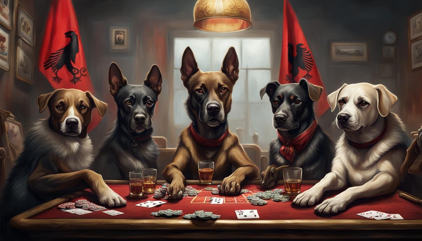 Albanian Dogs Play Poker: Hyperrealistic Concept Art
