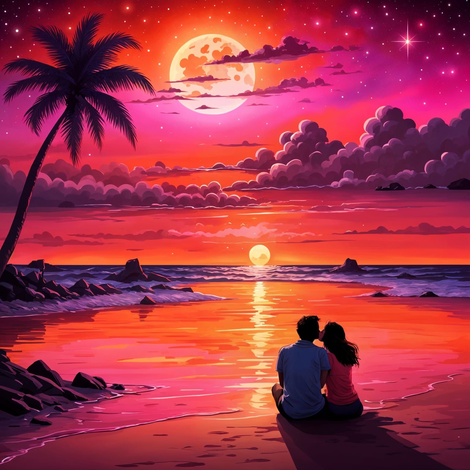 Romantic Beach Sunset with Kissing Couple