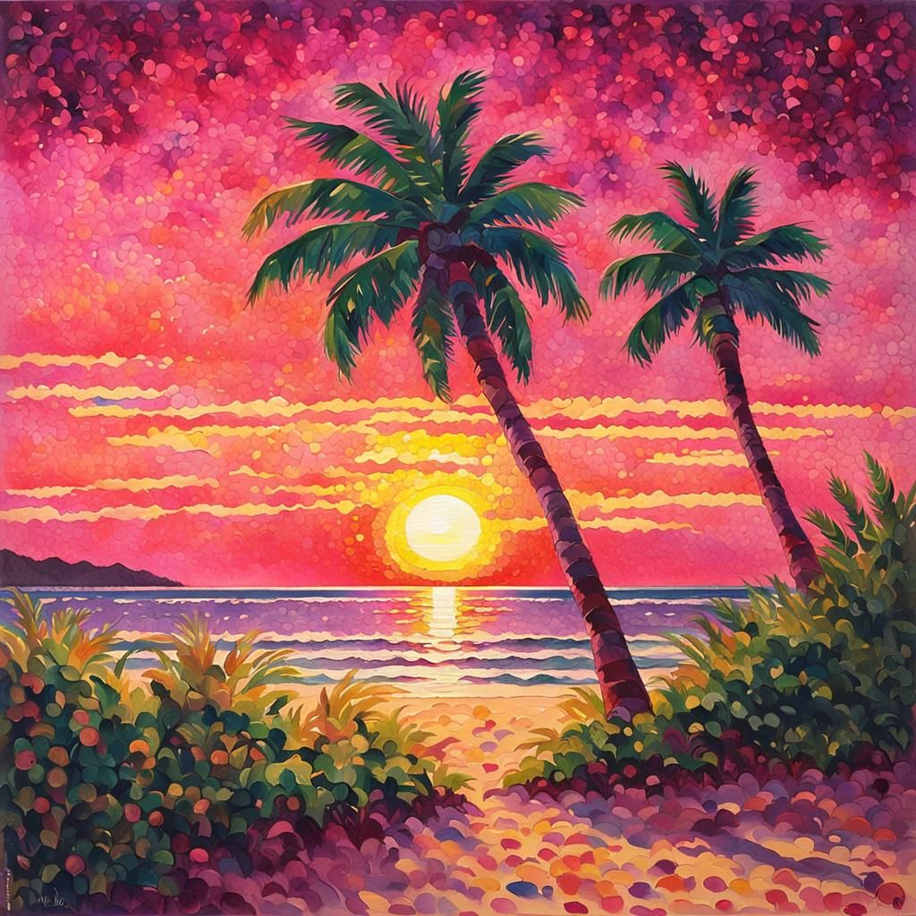 simple watercolor, dark pink sunset with yellow sun, dark bl...