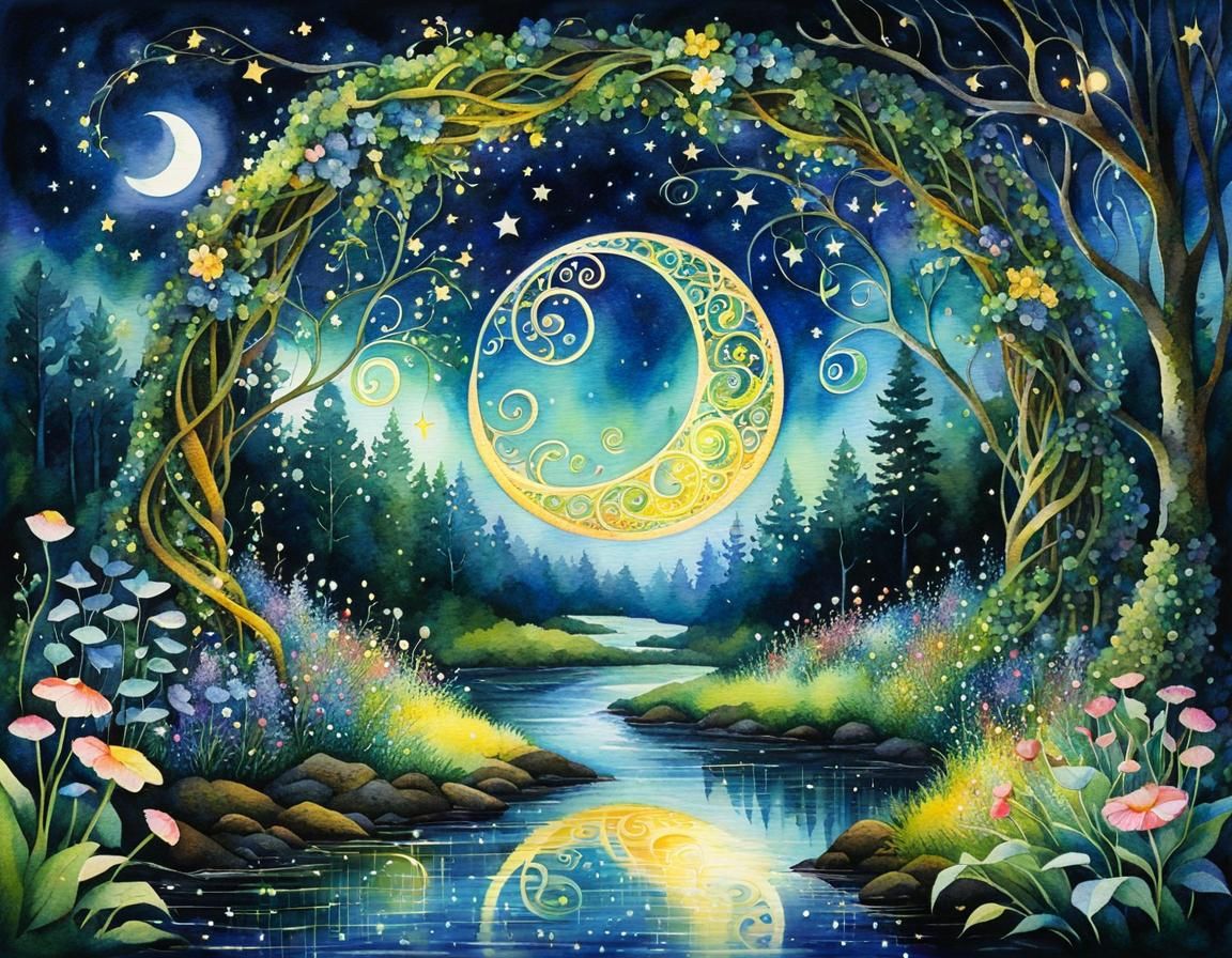 Moonlit Fairy Portal in Pointillist Watercolor