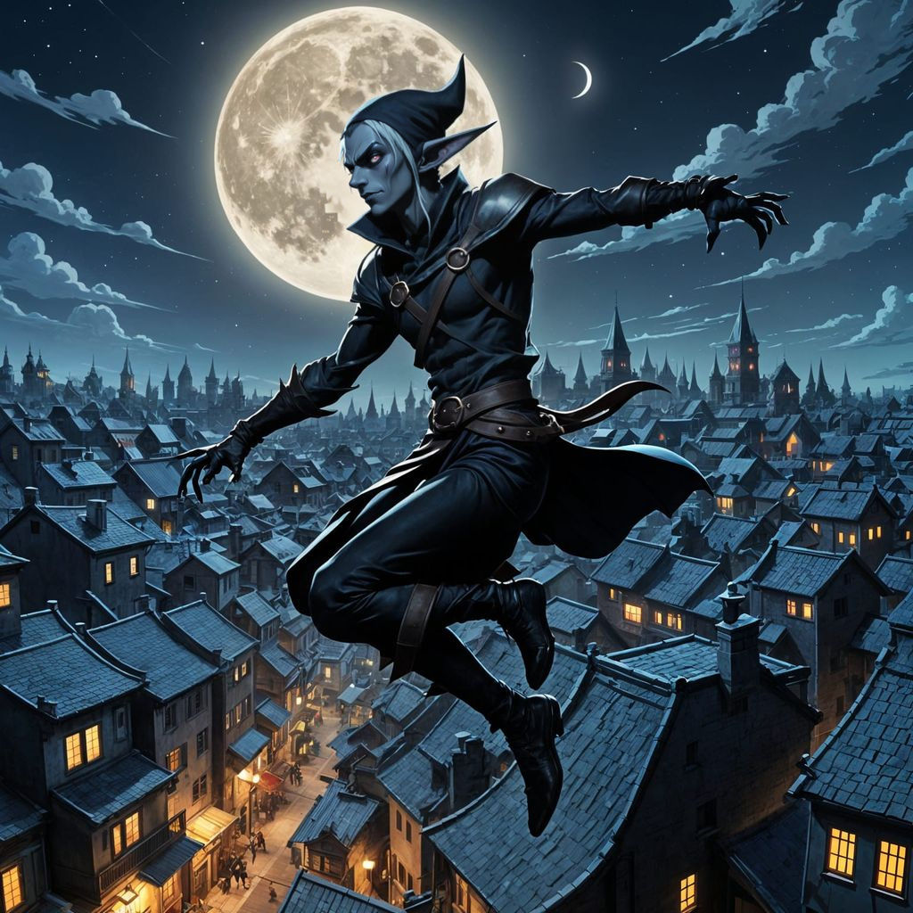 Cunning Dark Elf Thief Leaps Through City Rooftops Under Moo...