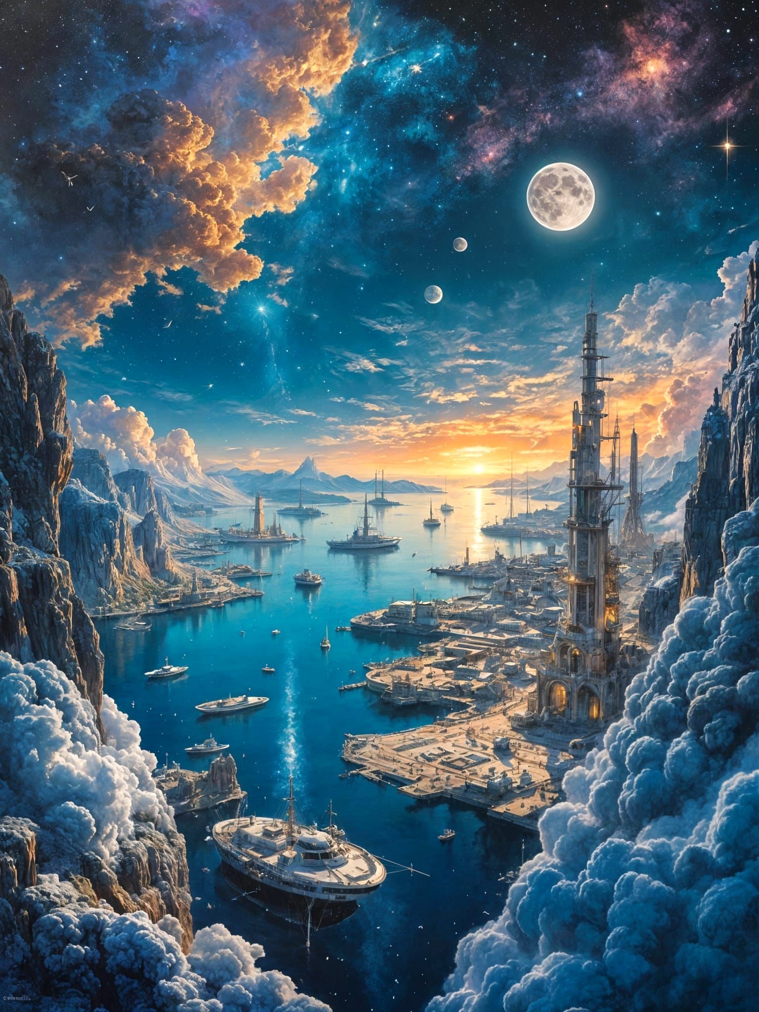 a celestial harbor where spaceships and shipyards are moored