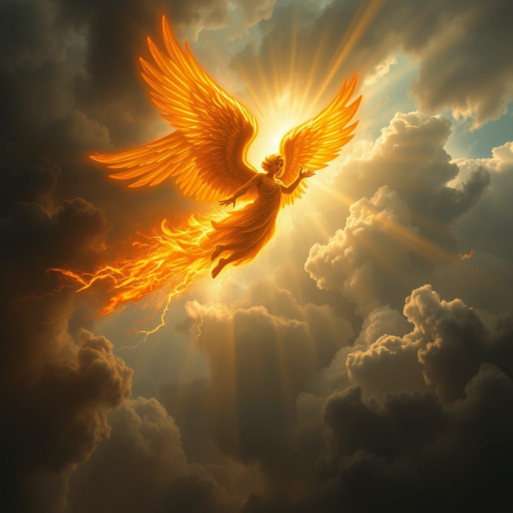 Celestial Fire Angel Soars Through Stormy Skies