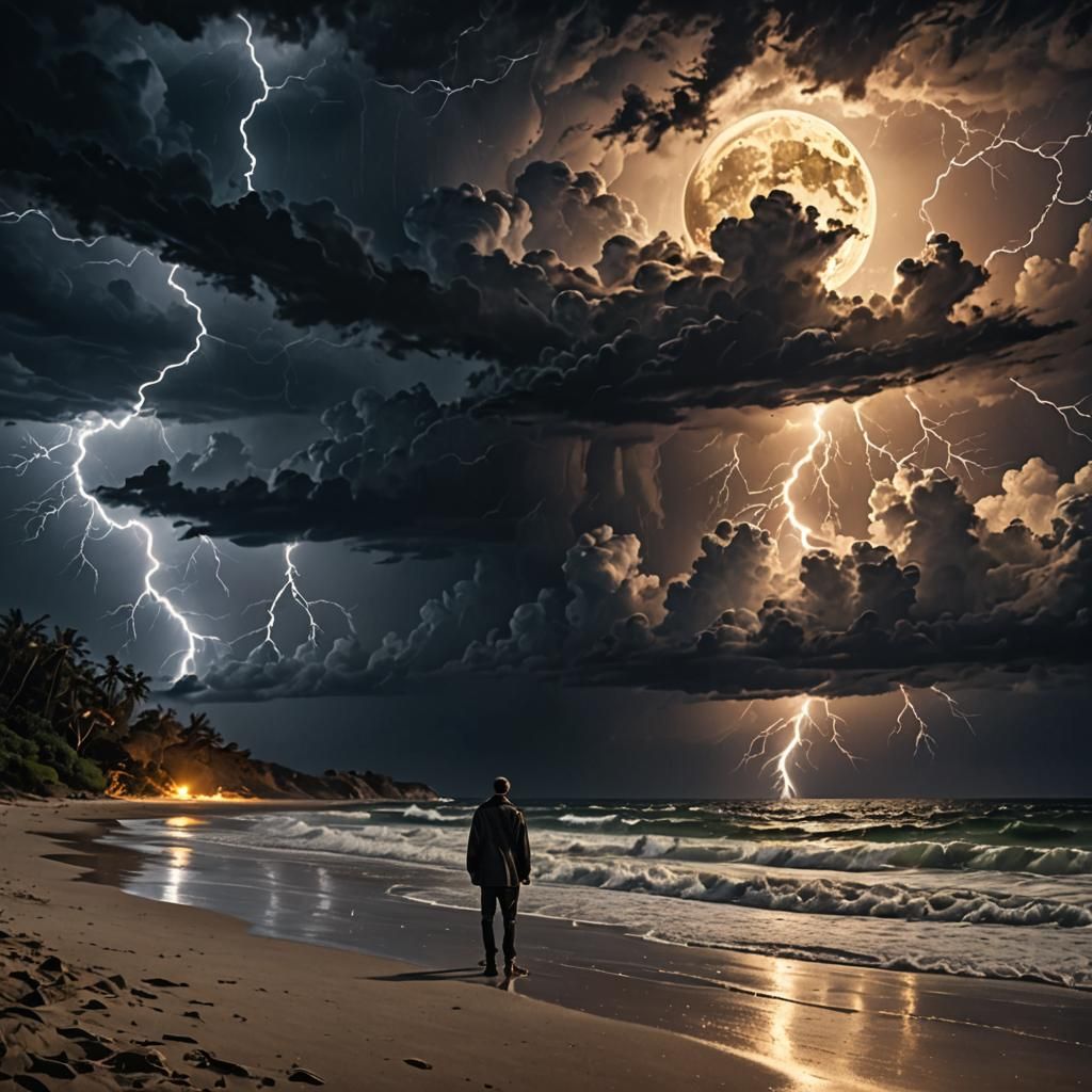 Dramatic Beachscape at Night with Lightning
