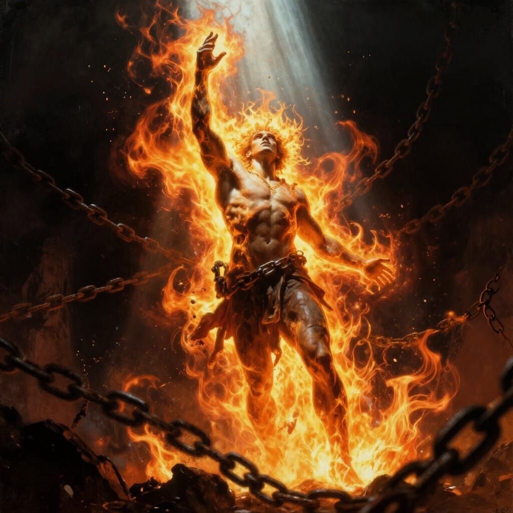 Figure Breaking Chains in Fiery Aura