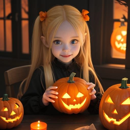 Little Girl Carves Jack-o'-Lantern in Autumn Patch