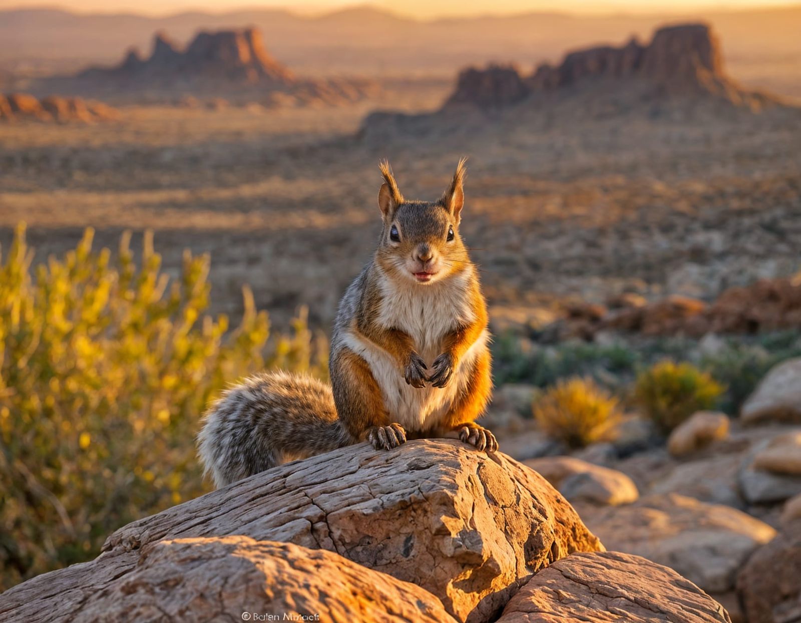 Grumpy Squirrel Gazing at Desert Sunset