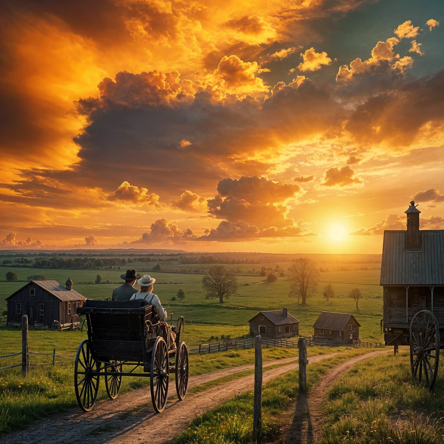 Amish Farmland Sunset Scene in Epic Digital Matte Painting S...