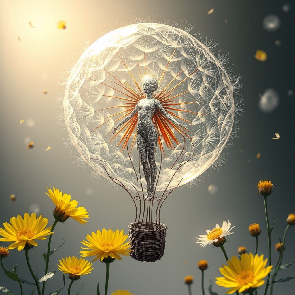 Ethereal Filigree Being in Dandelion Balloon, Bio-Art